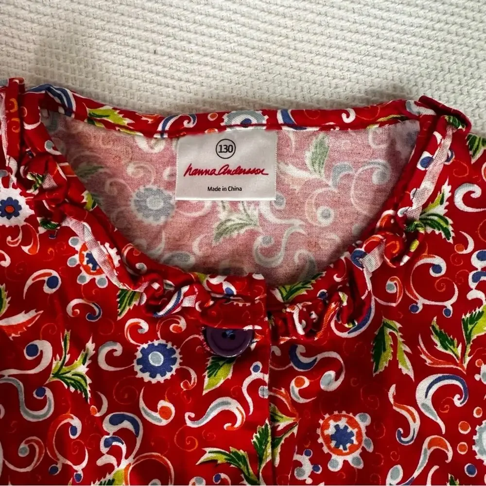 Hanna Andersson Red Floral Long Sleeve Ruffle Button Front Dress Size 130